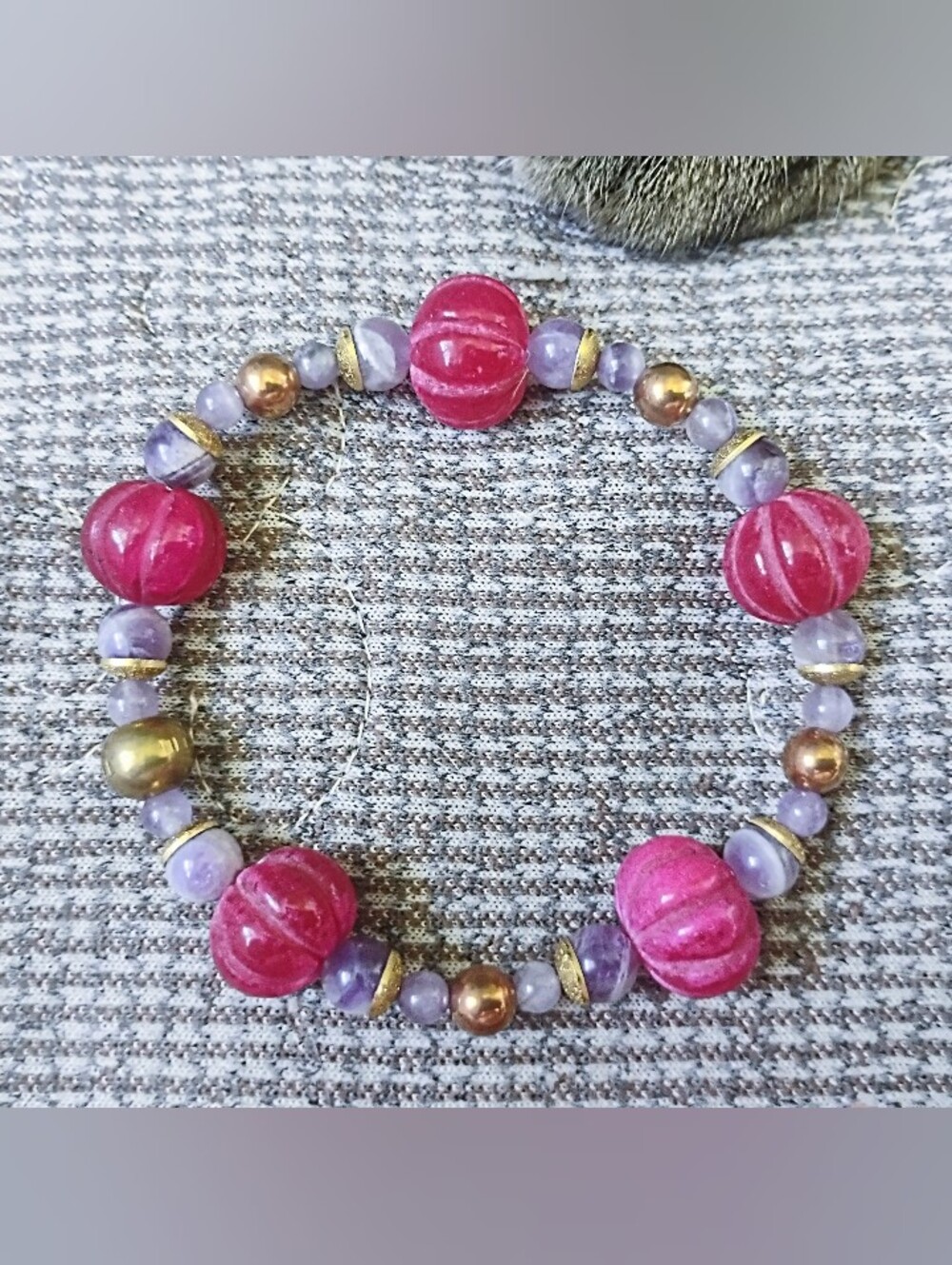 Pink Ruby and Amethyst Handmade Beaded Bracelet